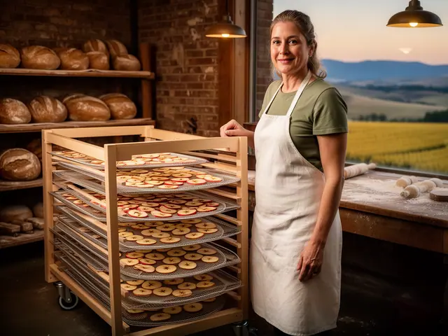 A baker beside a new wooden drying-rack cart whose mesh screens hold rows of sliced apple rings.