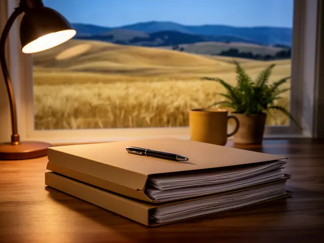 A neat stack of closed manila folders and a pen on a desk by a window.