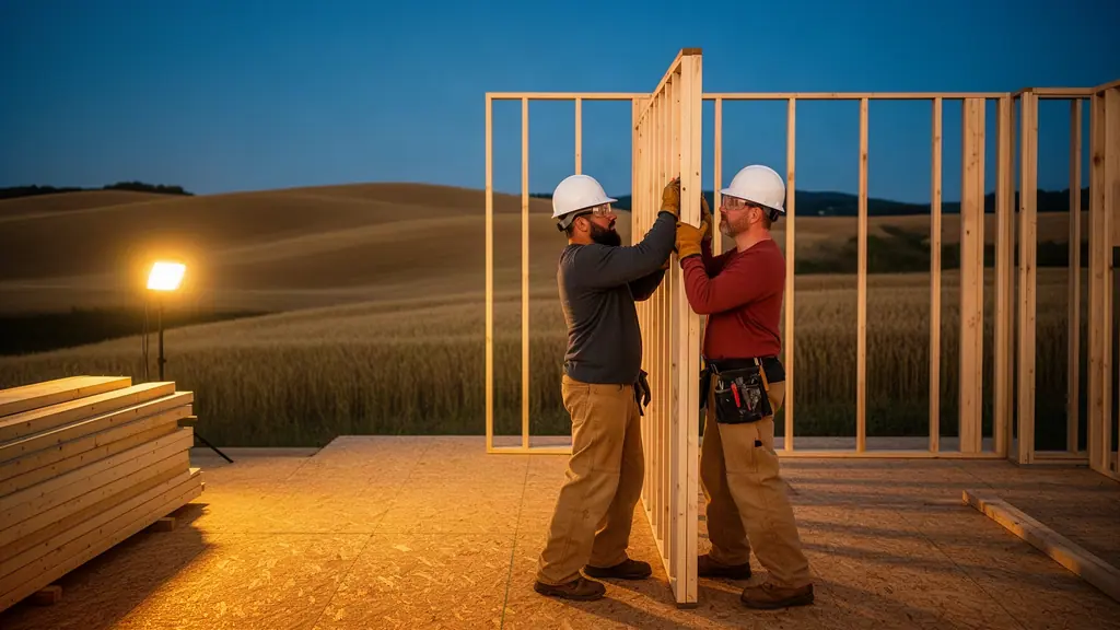 Two framers raising a timber wall section on a new house deck at dusk, golden wheat hills beyond.