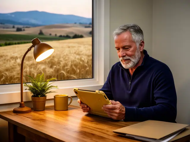 A man with short gray hair reviewing a tablet at a desk in a small back office.