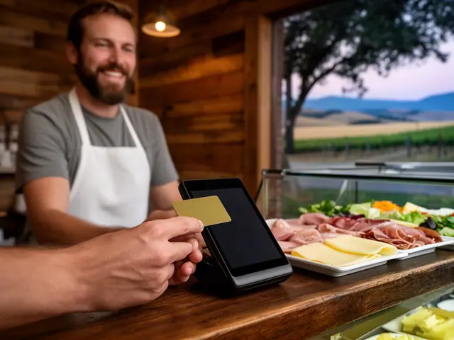 A customer taps a card on a counter terminal at a small sandwich deli.