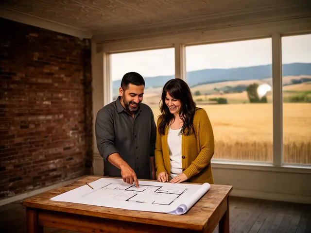 Two business partners looking over a pencil floor sketch in an empty storefront.